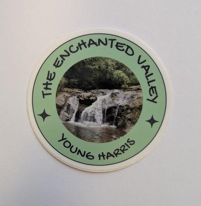Round sticker with photo of Cupid Falls, 3 inches wide